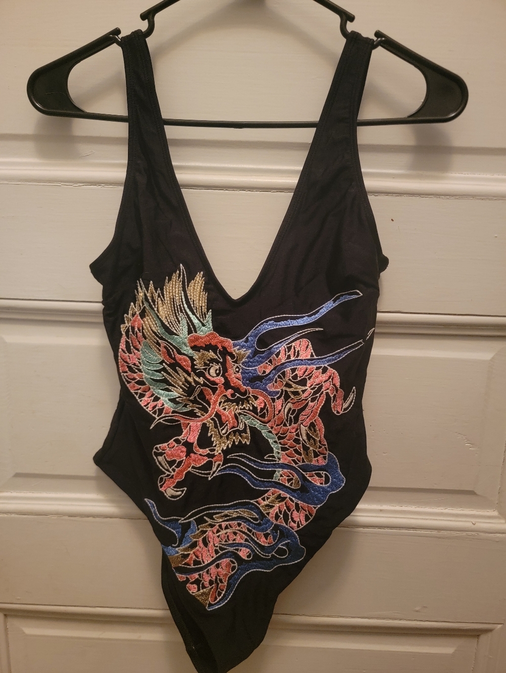 ASOS Size 6 Black Swimsuit with Multi-Color Dragon Embroiderysos